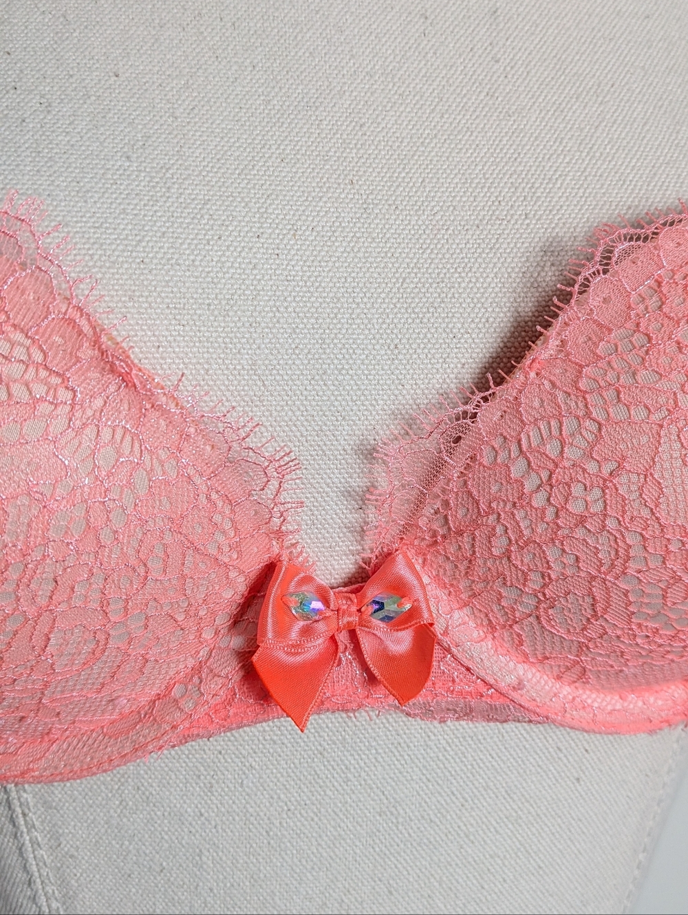 NWOT Victoria's Secret Nude Orange Metallic Thread Lace Rhinestone Bow Strappy P - Picture 2 of 10